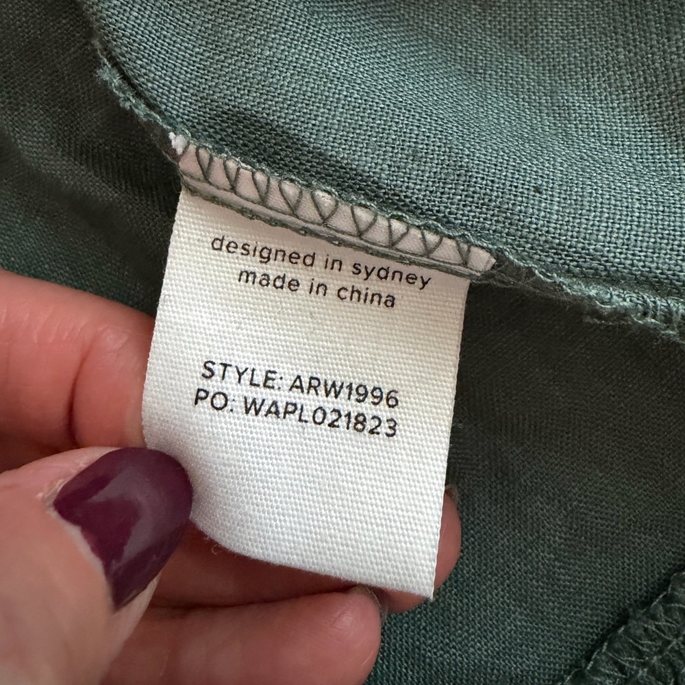 AERE NWT 100% Linen Frill Sleeve Botanical Green Blouse Women's Sz 10 Resort - Picture 7 of 10